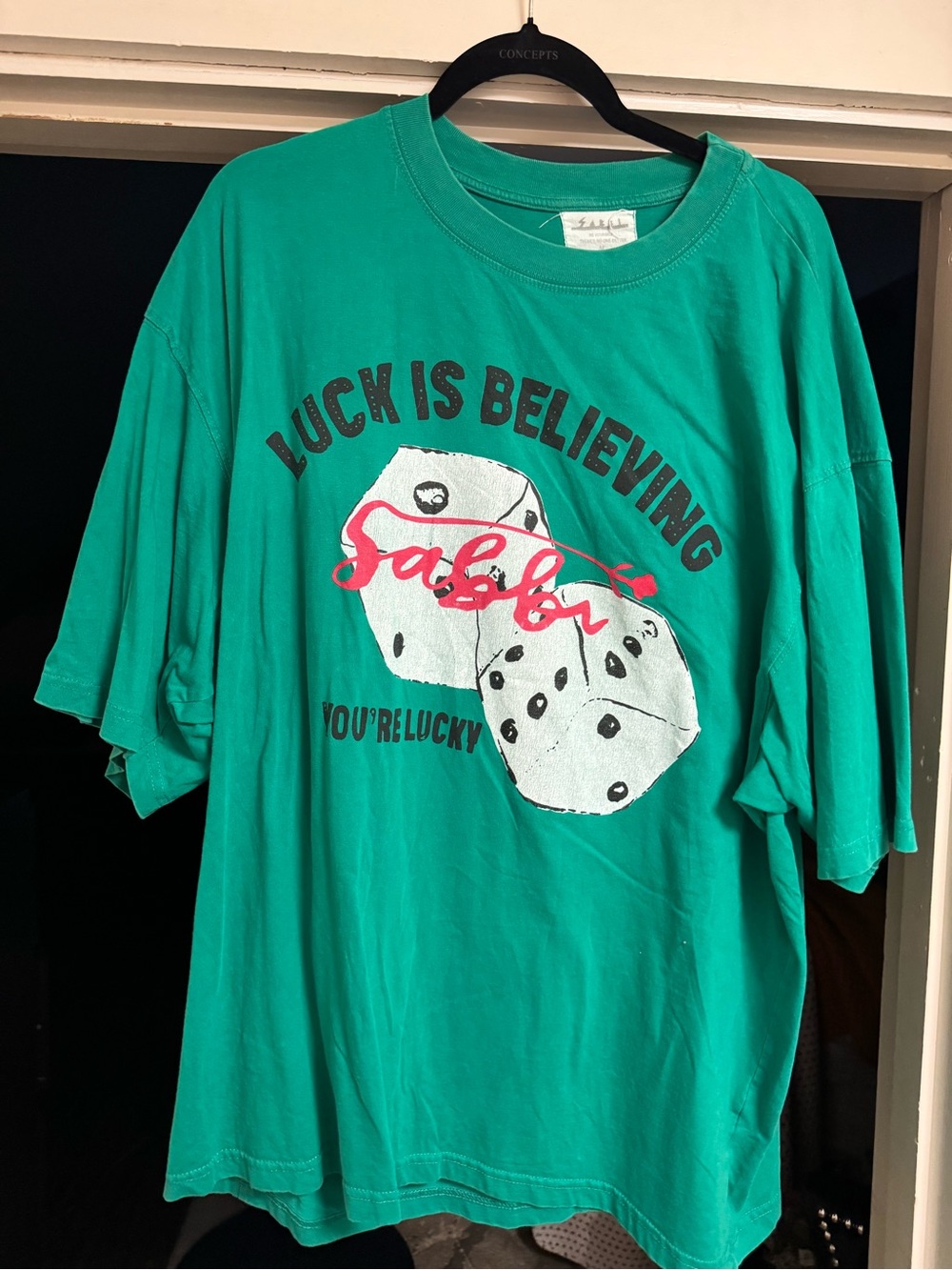 RARE HTF Sabbi Lucky Is Believing Graphic Tee in green with Dice